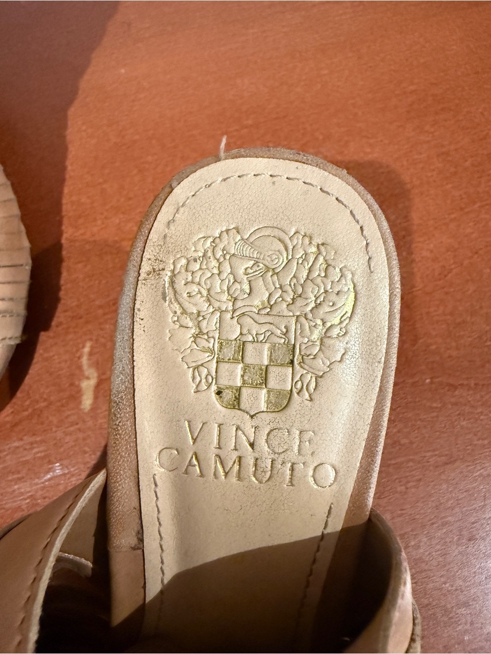 Vince Camuto Beige Leather Slide with Embossed Crest